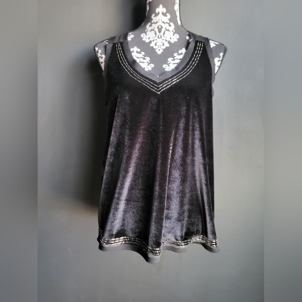 Abercrombie and Fitch Black Velvet Beaded Trim Cross Back Tank Top Sz M